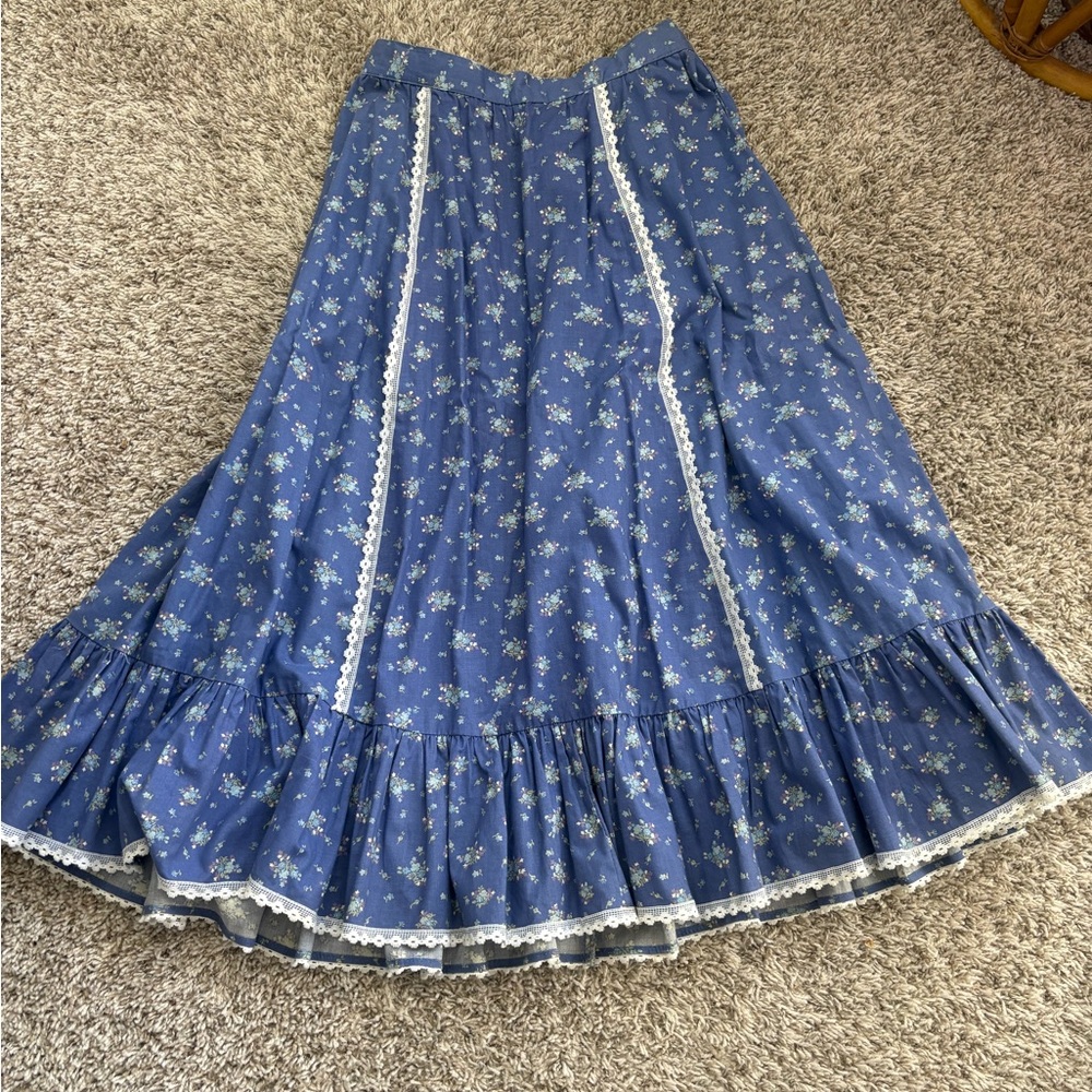 Vintage Blue Floral Maxi Skirt with White Lace Trim